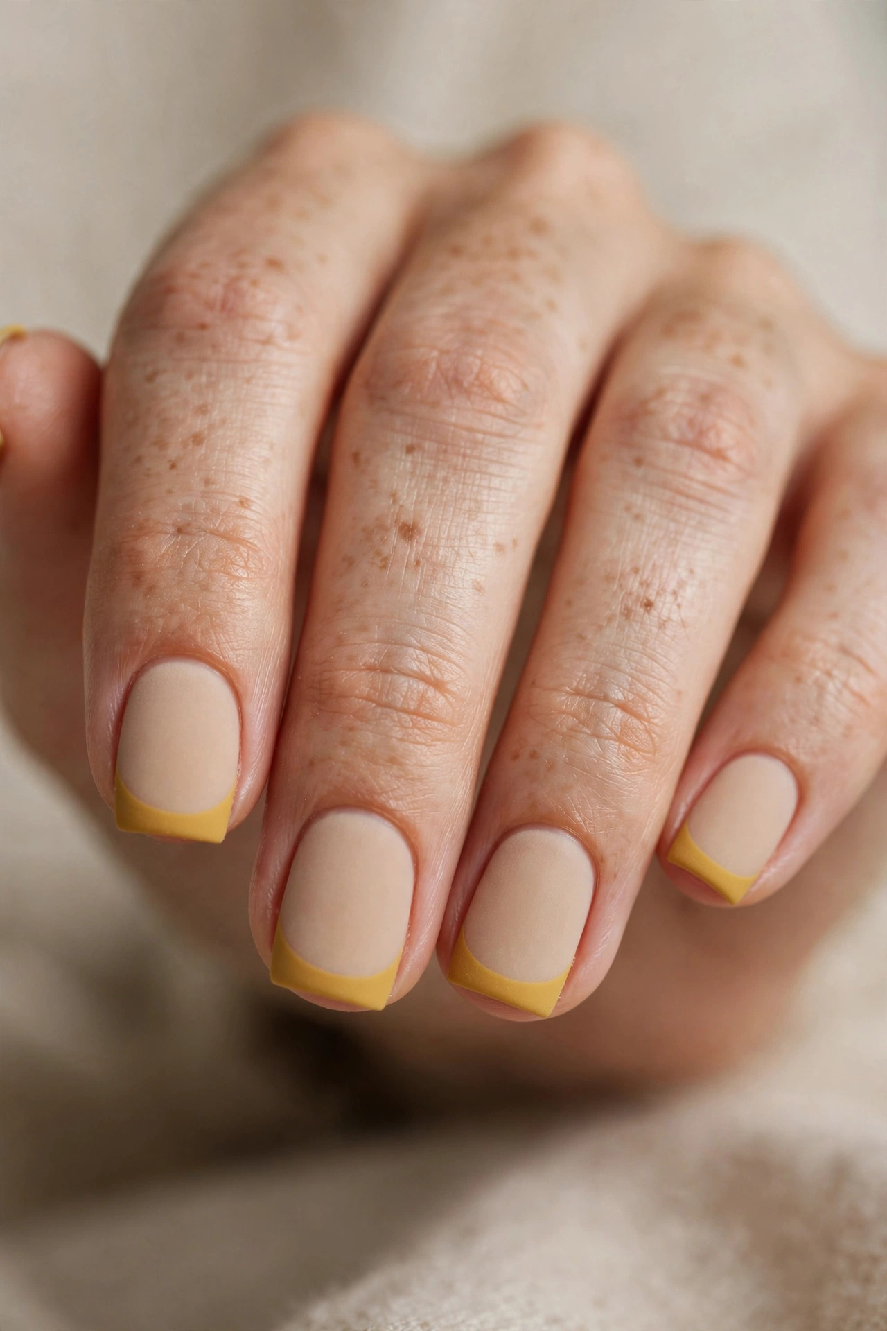 Short square nails with matte mustard-yellow French tips over a natural beige base.