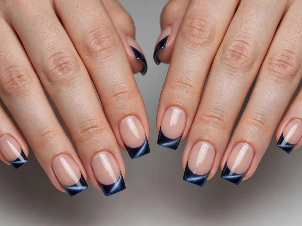 Navy blue cat eye French tip nails on medium square nails