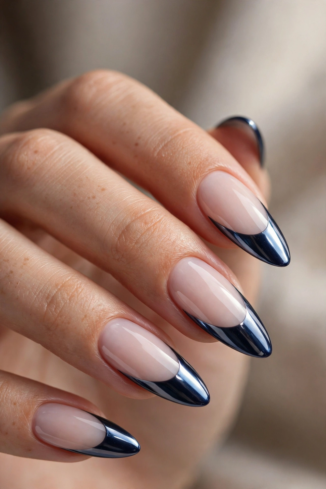 Long almond nails with mirror-finish chrome navy French tips over a soft milky base.