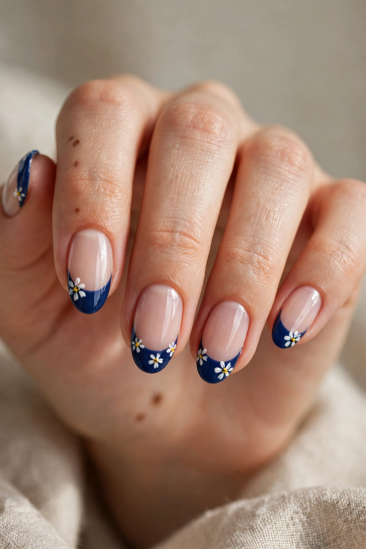 Oval nails with navy French tips decorated with small white daisies with yellow centers.