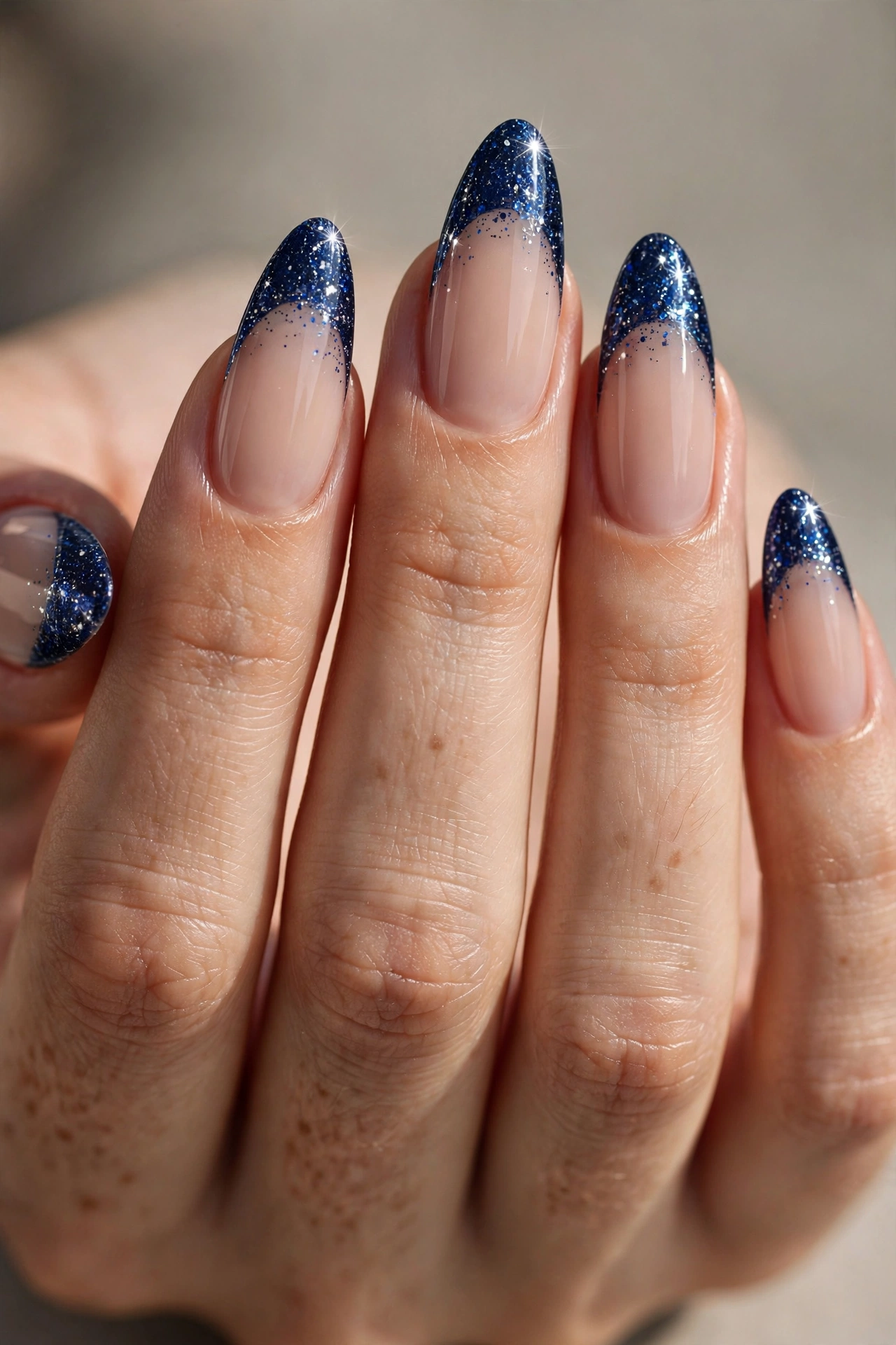 Long almond nails with navy glitter French tips sparkling with fine blue and silver glitter.