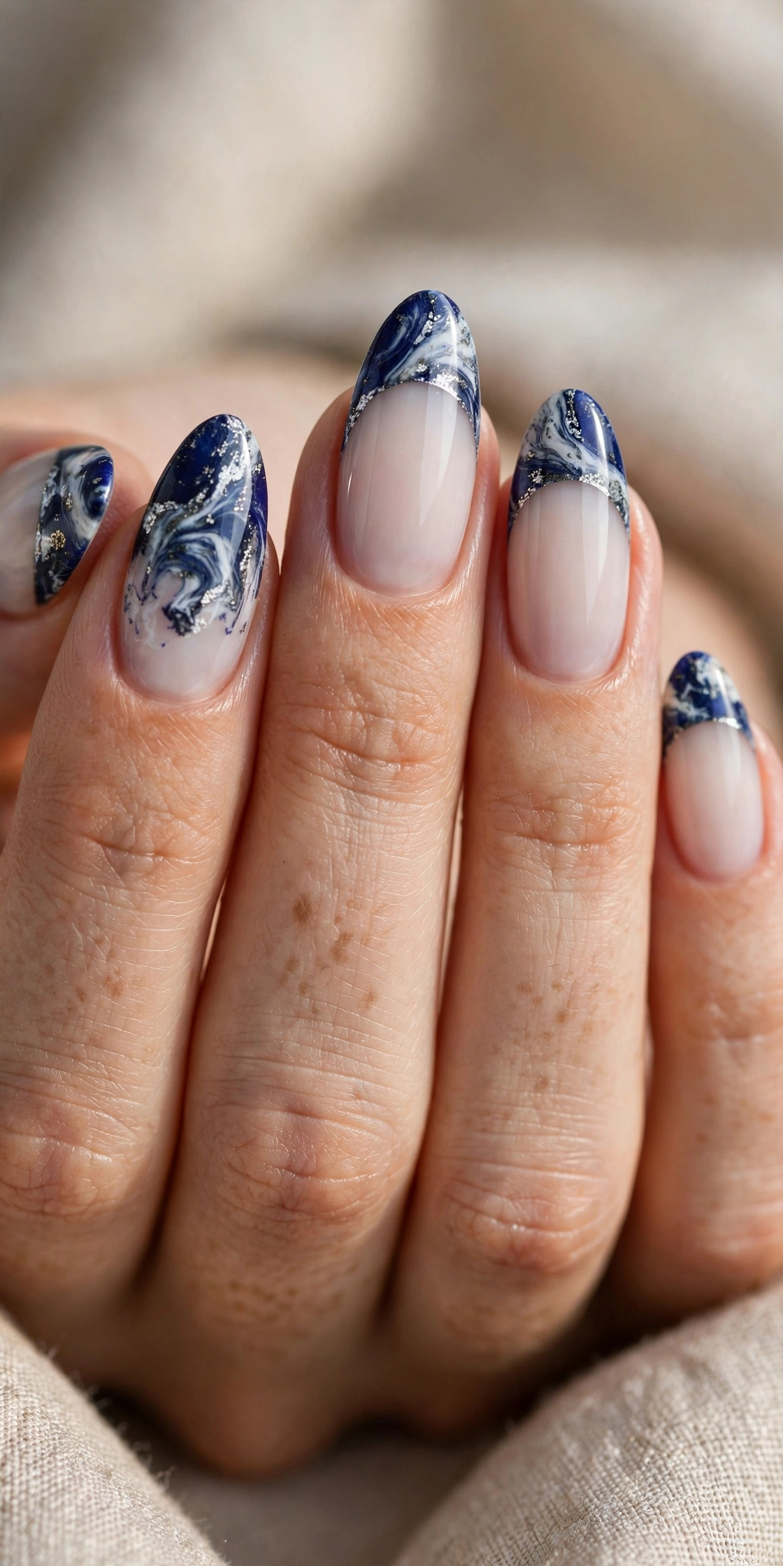 Almond nails with navy and white marble French tips veined with a whisper of silver.