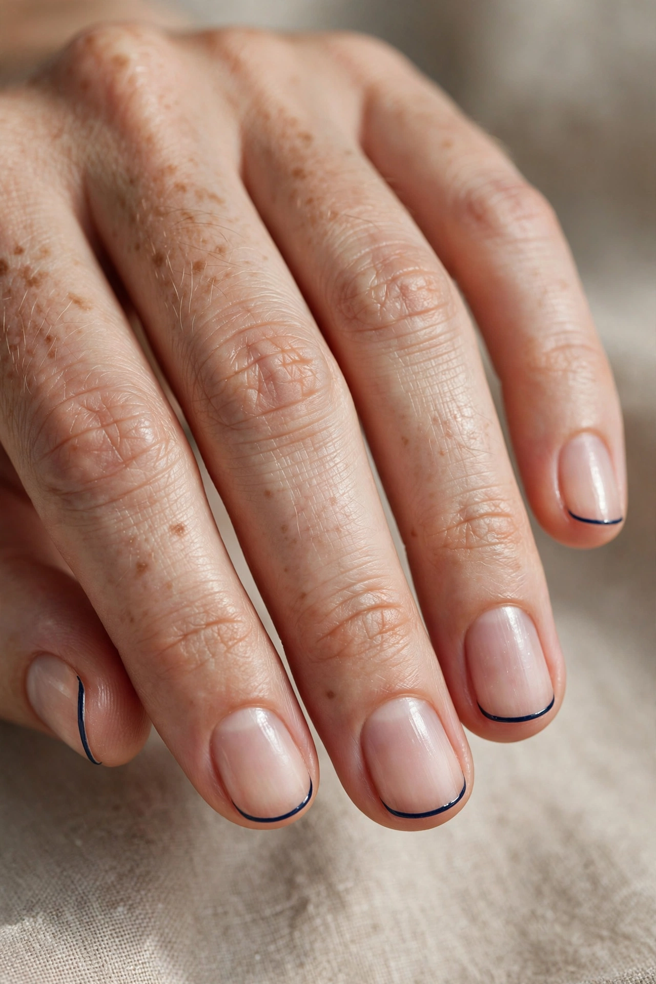 Short natural nails with a hairline-thin navy micro French tip tracing the free edge.