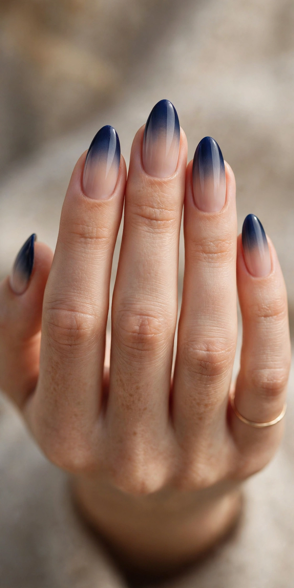 Almond nails with a navy ombre gradient French tip fading from a soft nude base into deep navy at the edge.