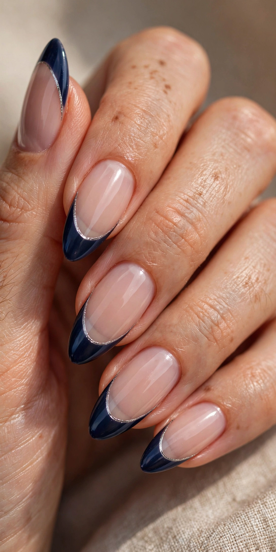 Almond nails with deep navy French tips finished with a thin silver metallic line along the smile line.