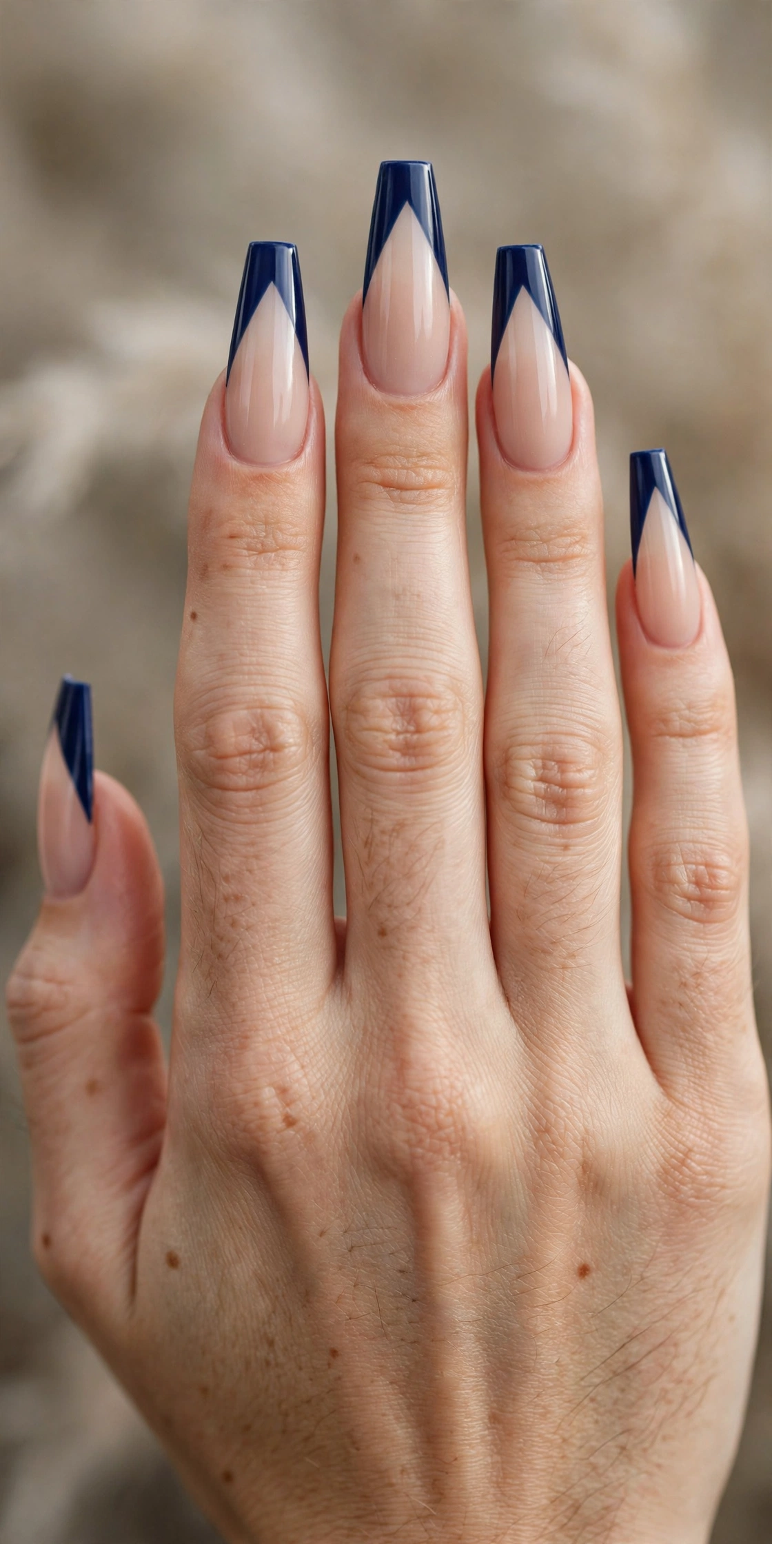 Long coffin nails with pointed V-shaped navy French tips over a clean nude base.