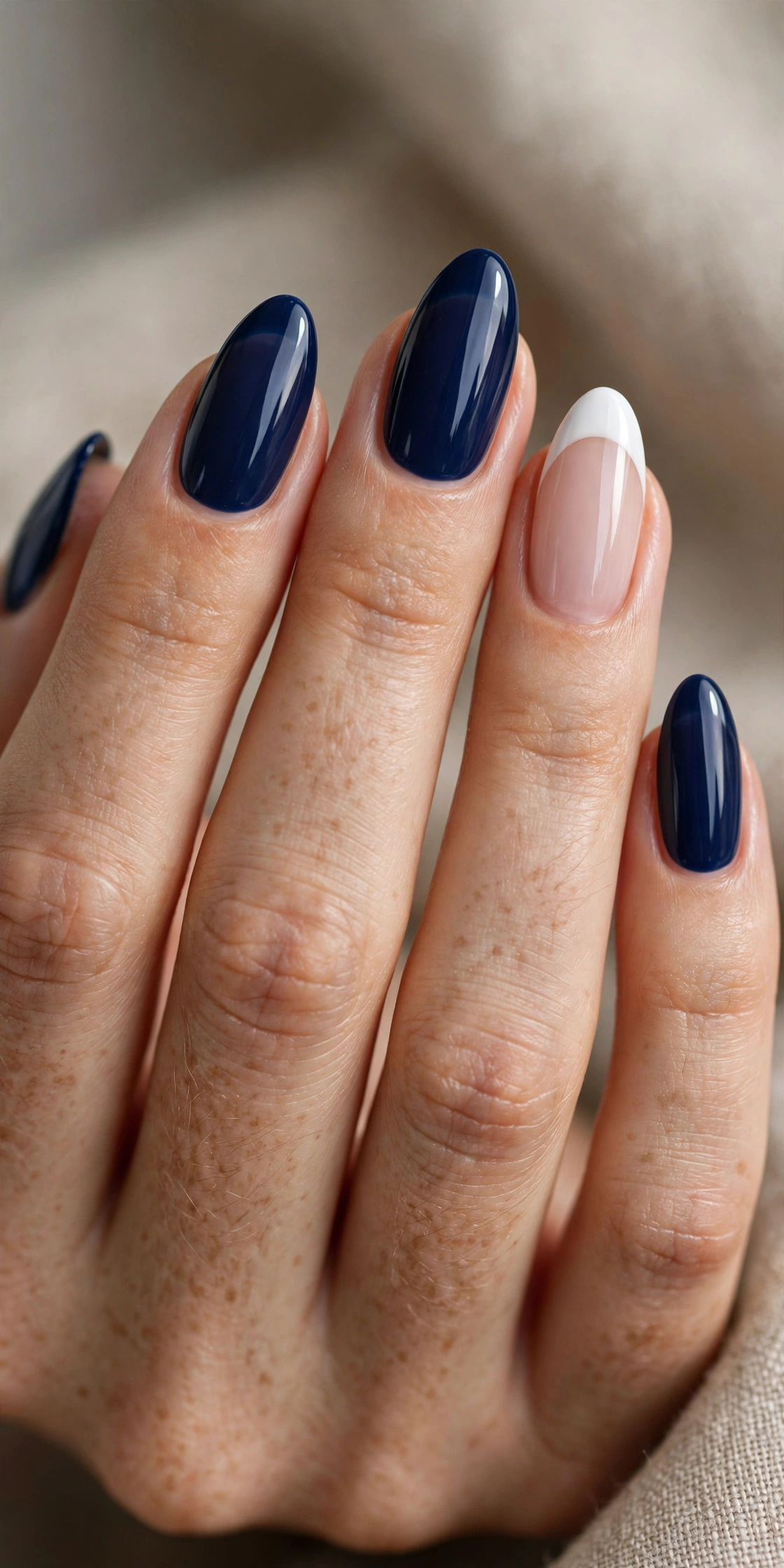Almond nails with navy French tips and one crisp white French tip accent nail in a nautical pairing.