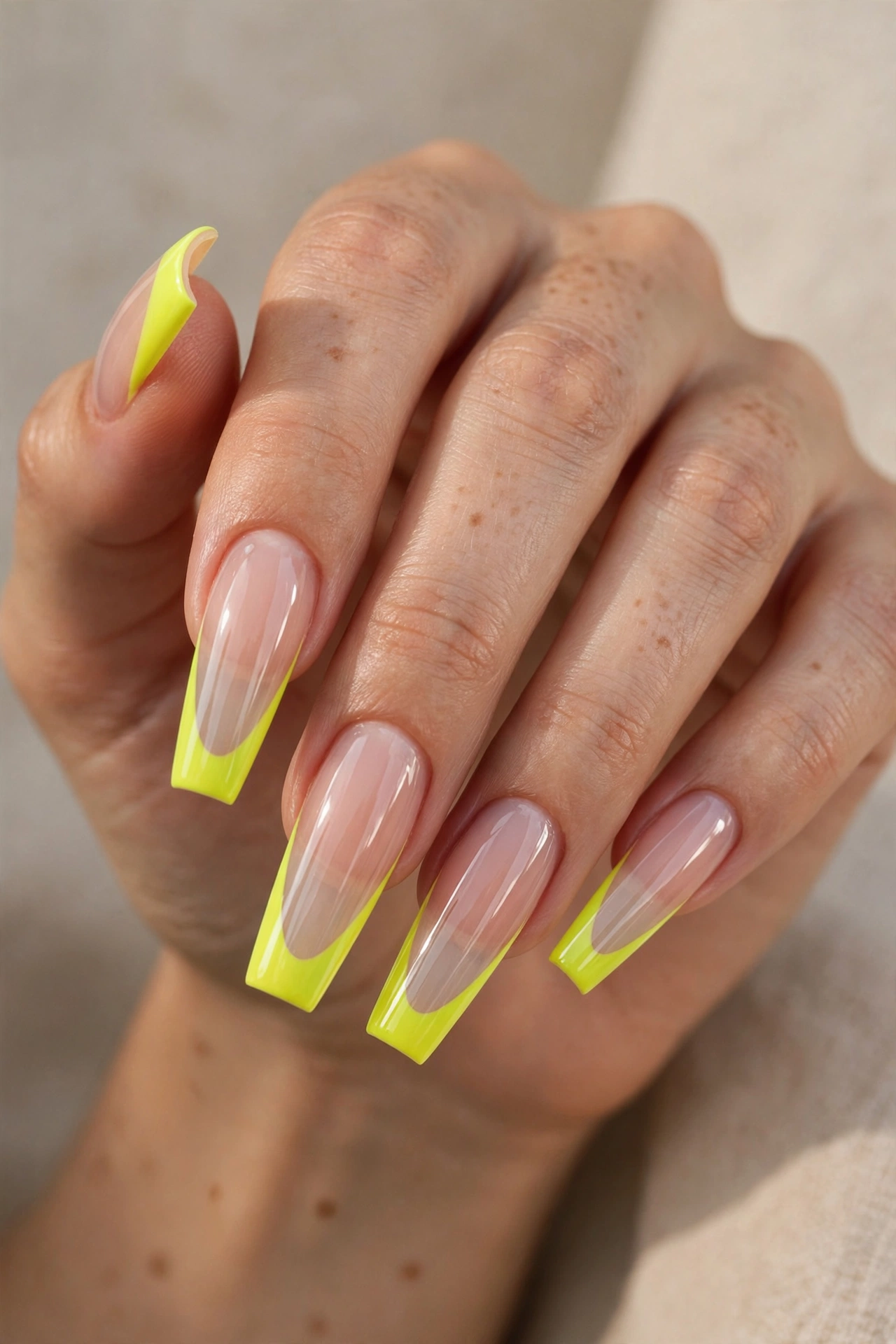 Long coffin nails with vivid neon-yellow French tips over a sheer nude base.