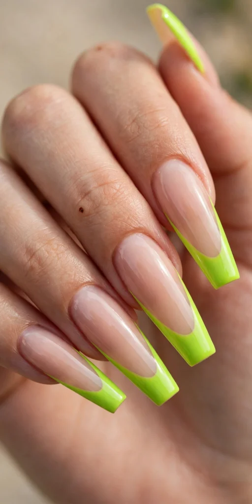 Long coffin-shaped nails with bright neon lime green French tips over a glossy nude base.