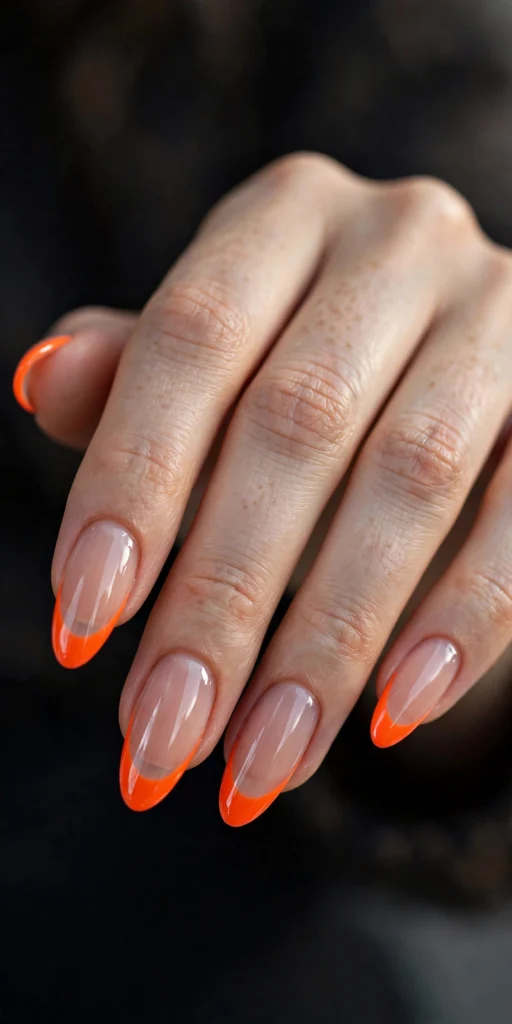 Close-up of long almond nails with bold electric neon orange French tips over a sheer nude base