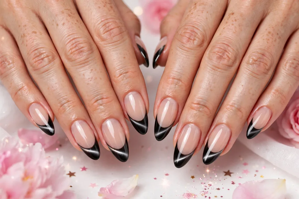 New Year party French tip nails with black cat-eye magnetic tips with a silver light band on a sheer nude base, shown on long almond nails.