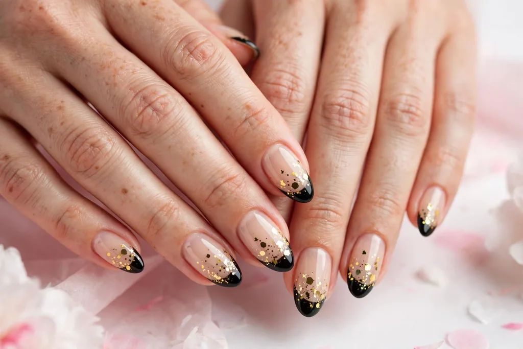 New Year party French tip nails with glossy black tips and gold confetti glitter pieces on a sheer nude base, shown on medium almond nails.