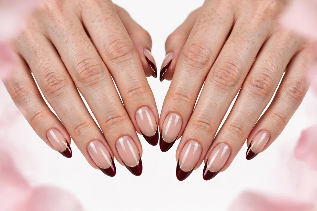 New Year party French tip nails with deep burgundy tips edged with a thin gold line on a sheer nude base, shown on long almond nails.