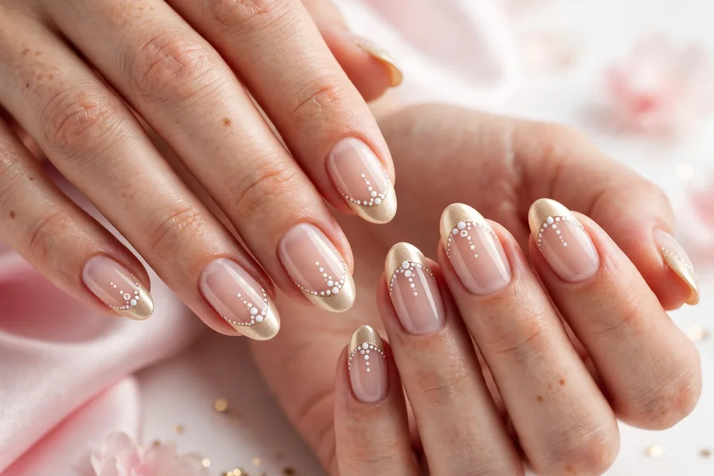 New Year party French tip nails with pale champagne gold tips and tiny white bubble dots rising from the tip edge on a sheer nude base, shown on medium almond nails.