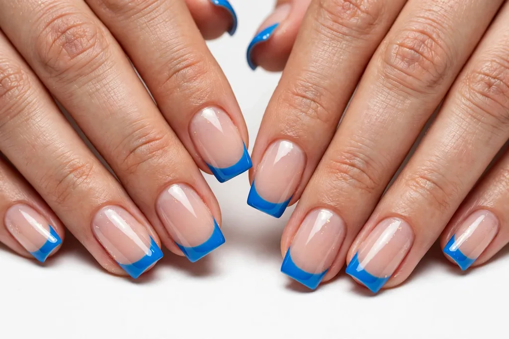 New Year party French tip nails with vivid electric blue glossy tips on a sheer nude base, shown on medium square nails.