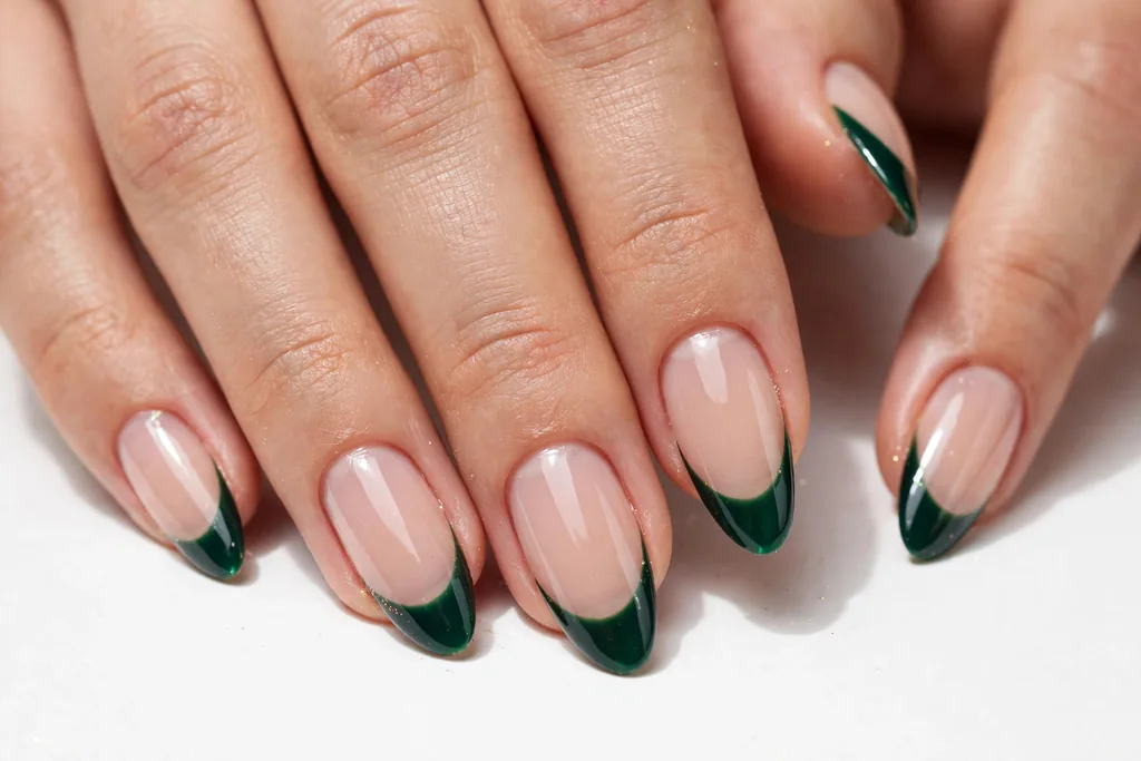 New Year party French tip nails with deep emerald green glossy tips on a sheer nude base, shown on long almond nails.