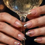New Year party French tip nails with gold glitter, silver chrome, and confetti tips on a sheer nude base, shown on a woman's hands holding a cocktail glass against a dark party background with sparkling lights.