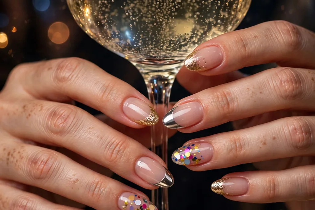 New Year party French tip nails with gold glitter, silver chrome, and confetti tips on a sheer nude base, shown on a woman's hands holding a cocktail glass against a dark party background with sparkling lights.