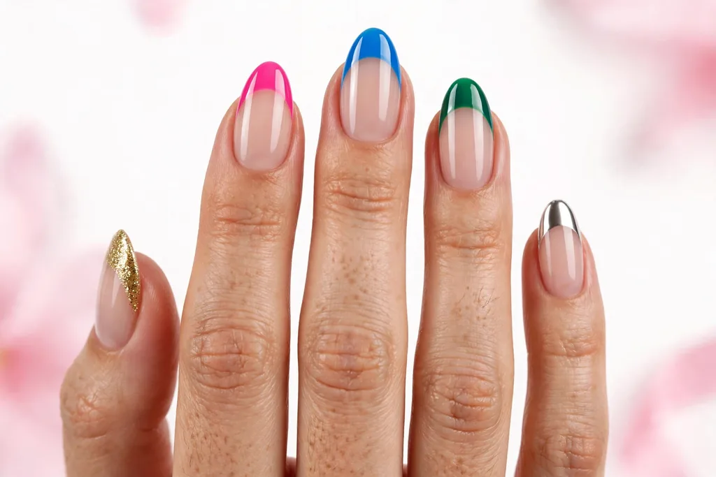 New Year party French tip nails with a different party tip color on each nail, including gold glitter, hot pink, electric blue, emerald, and silver chrome, on a sheer nude base, shown on medium almond nails.