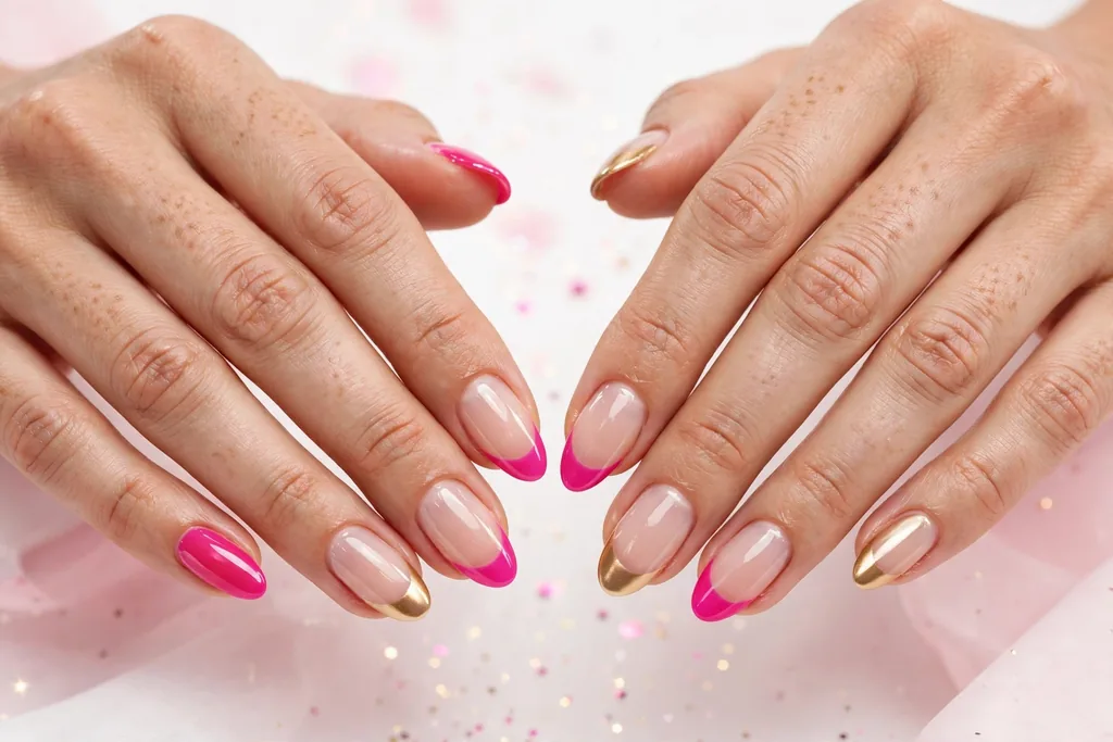 New Year party French tip nails alternating bright fuchsia pink and metallic gold tips on a sheer nude base, shown on medium almond nails.