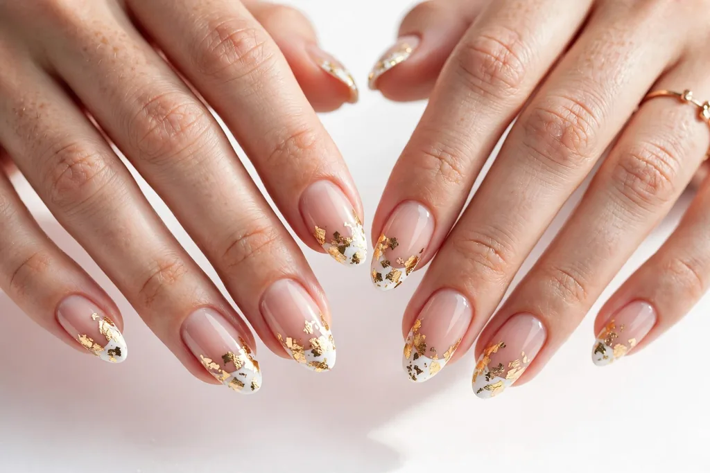 New Year party French tip nails with white tips covered in irregular gold foil flakes like confetti on a sheer nude base, shown on medium almond nails.