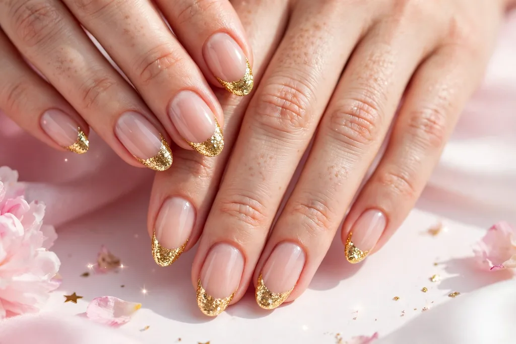 New Year party French tip nails with dense gold glitter tips on a sheer nude base, shown on medium almond nails.