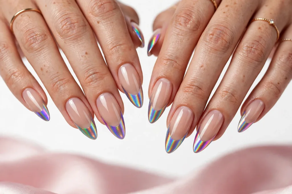 New Year party French tip nails with holographic chrome tips that shift between rainbow colors on a sheer nude base, shown on long almond nails.