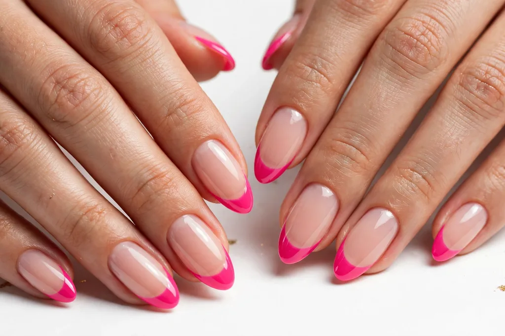 New Year party French tip nails with bright hot pink glossy tips on a sheer nude base, shown on medium almond nails.