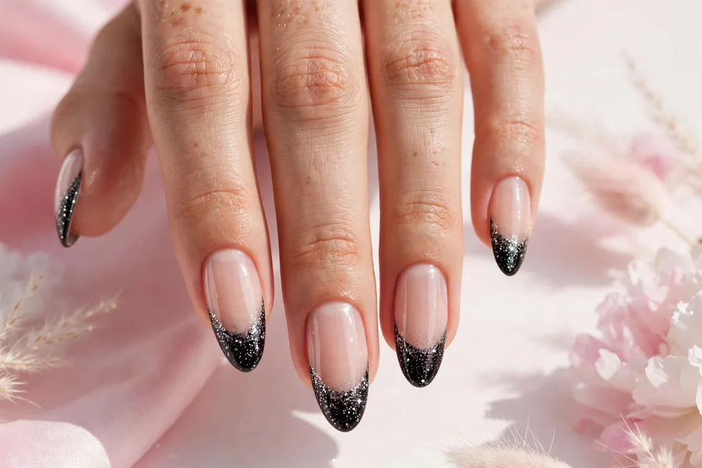 New Year party French tip nails with black tips filled with fine silver glitter on a sheer nude base, shown on long almond nails.
