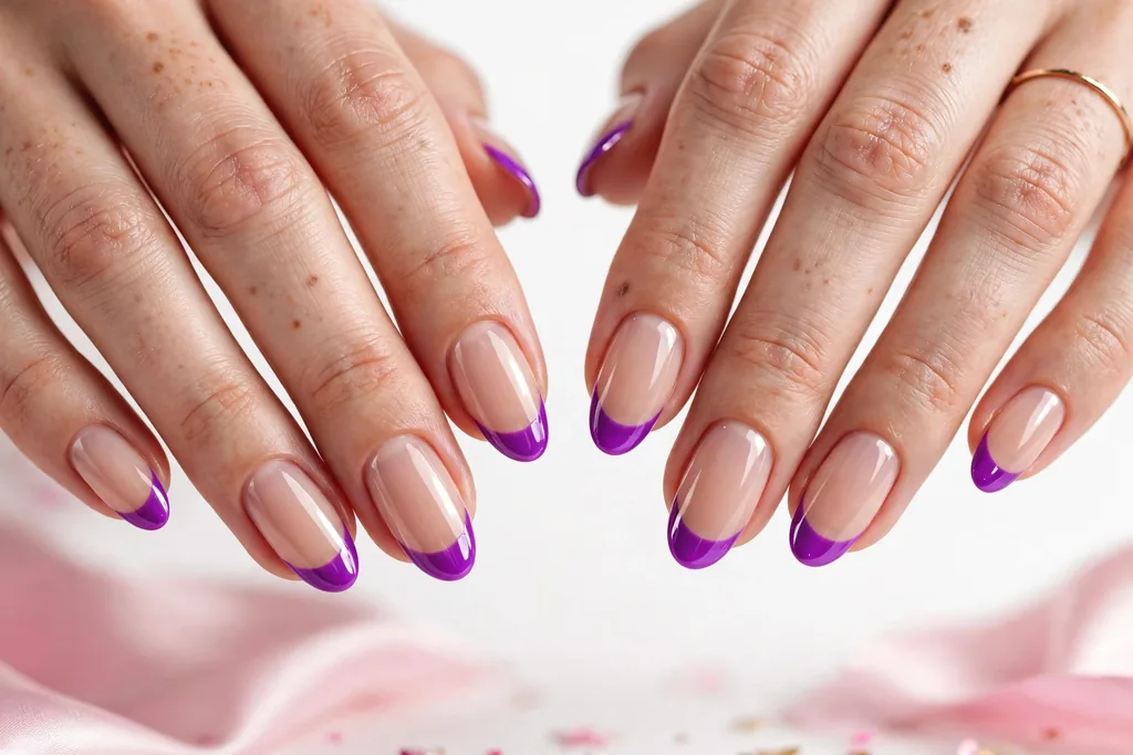 New Year party French tip nails with vivid purple glossy tips on a sheer nude base, shown on medium almond nails.