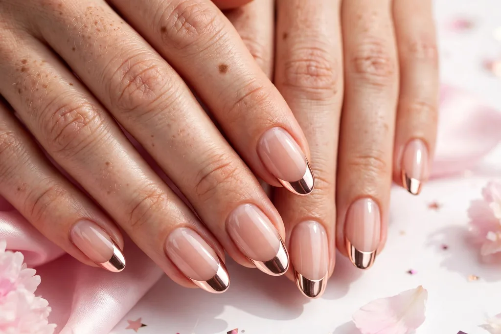 New Year party French tip nails with rose gold chrome mirror tips on a sheer nude base, shown on medium almond nails.