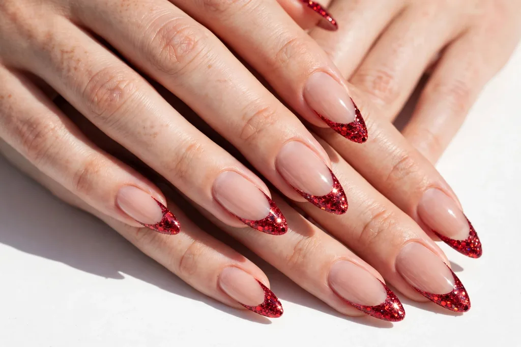 New Year party French tip nails with dense ruby red glitter tips on a sheer nude base, shown on long almond nails.
