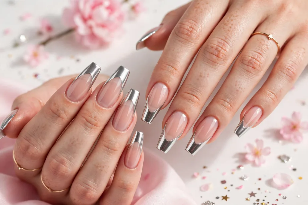 New Year party French tip nails with silver chrome mirror tips on a sheer nude base, shown on long coffin nails.