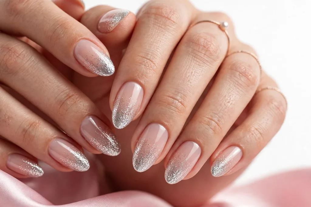 New Year party French tip nails with silver glitter tips fading into a sheer nude base, shown on medium almond nails.