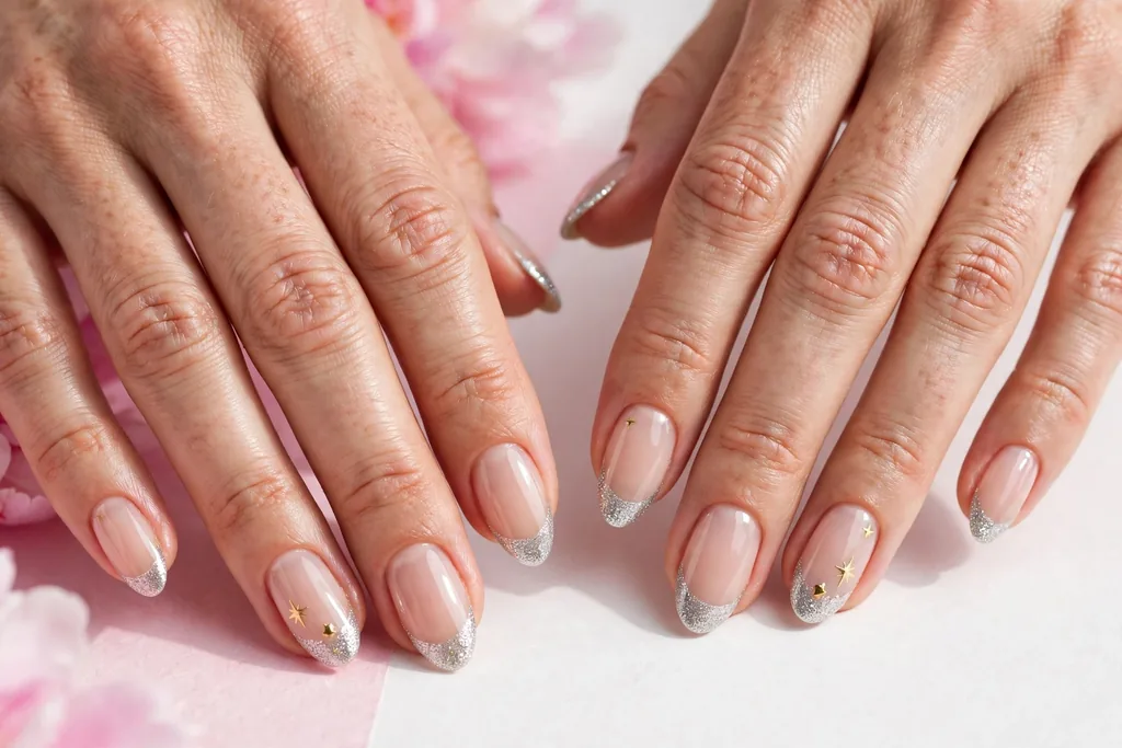 New Year party French tip nails with silver glitter tips and one tiny gold star on each ring finger accent nail on a sheer nude base, shown on medium almond nails.