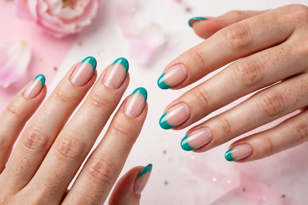 New Year party French tip nails with bright teal glossy tips on a sheer nude base, shown on medium almond nails.