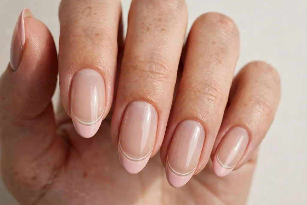 New Year's Day French tip nails with blush pink tips and a thin white line beneath the smile line on a sheer nude base, shown on medium almond nails.