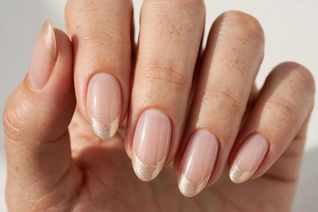 New Year's Day French tip nails with soft champagne shimmer tips on a sheer nude base, shown on medium almond nails.