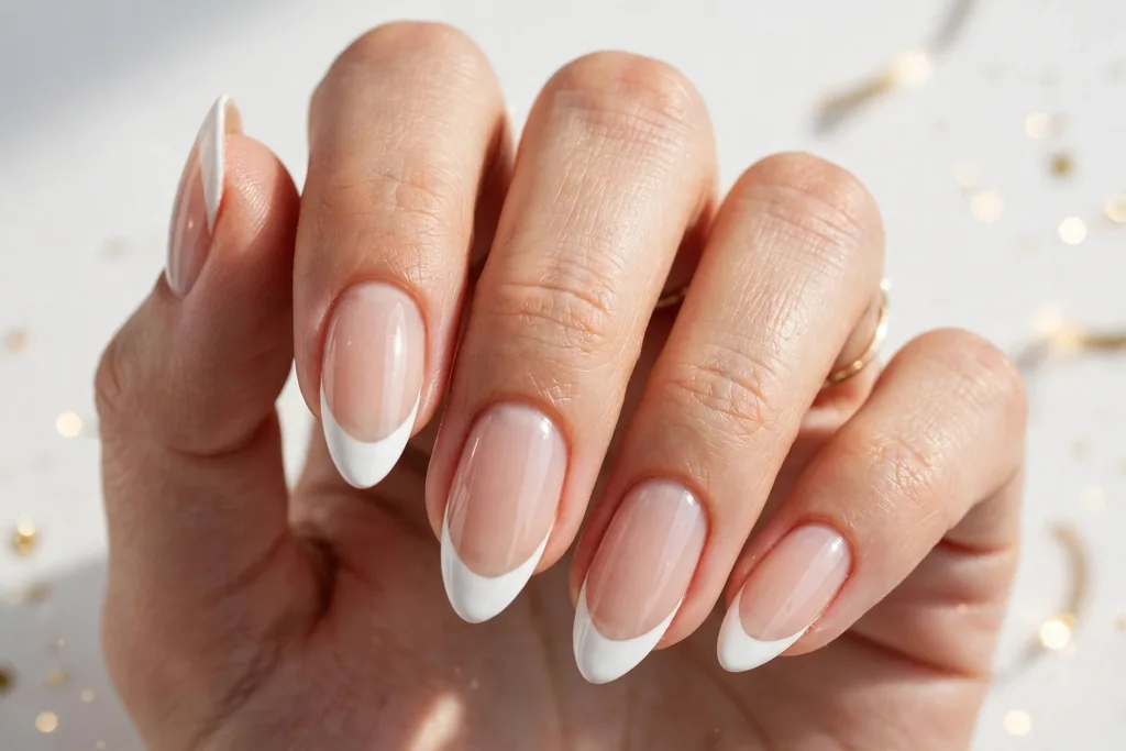 New Year's Day French tip nails with classic bright white tips on a sheer nude base, shown on medium almond nails.