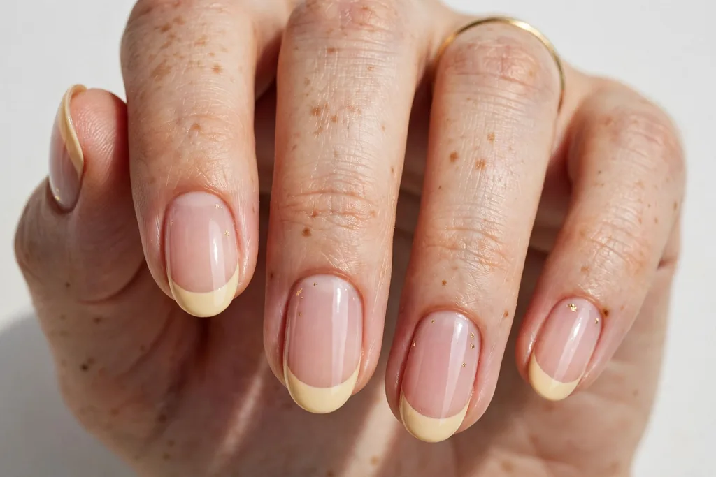 New Year's Day French tip nails with warm cream tips on a sheer pink base, shown on medium oval nails.