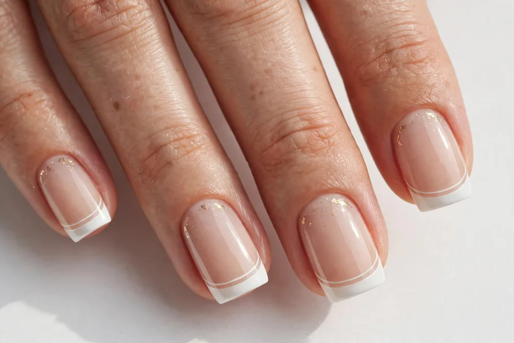 New Year's Day French tip nails with a white tip edged by a second thin white line below it on a sheer nude base, shown on medium square nails.