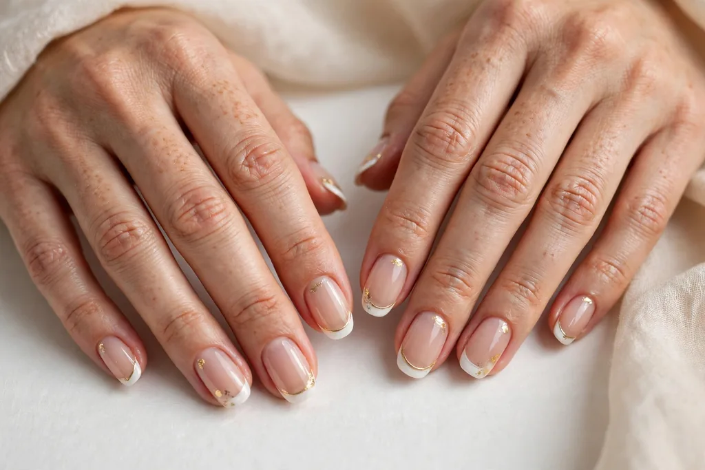 New Year's Day French tip nails with clean white tips and soft gold accents on a sheer nude base, shown on a woman's hands against a white and soft beige background.