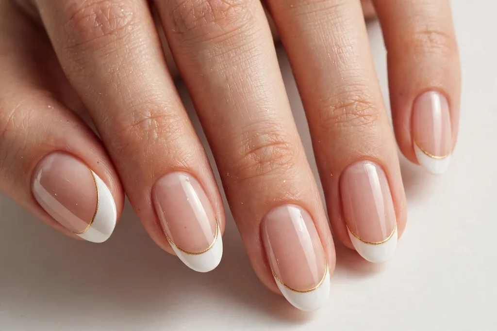 New Year's Day French tip nails with white tips outlined by a thin gold edge along the smile line on a sheer nude base, shown on medium almond nails.