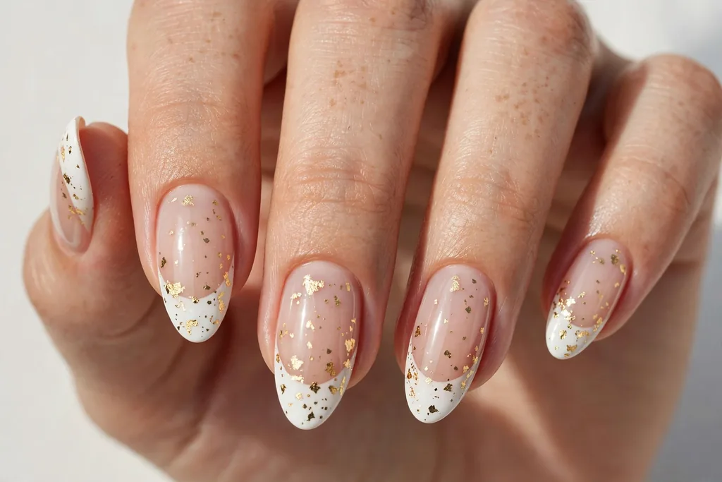 New Year's Day French tip nails with white tips scattered with tiny gold foil flecks on a sheer nude base, shown on medium almond nails.