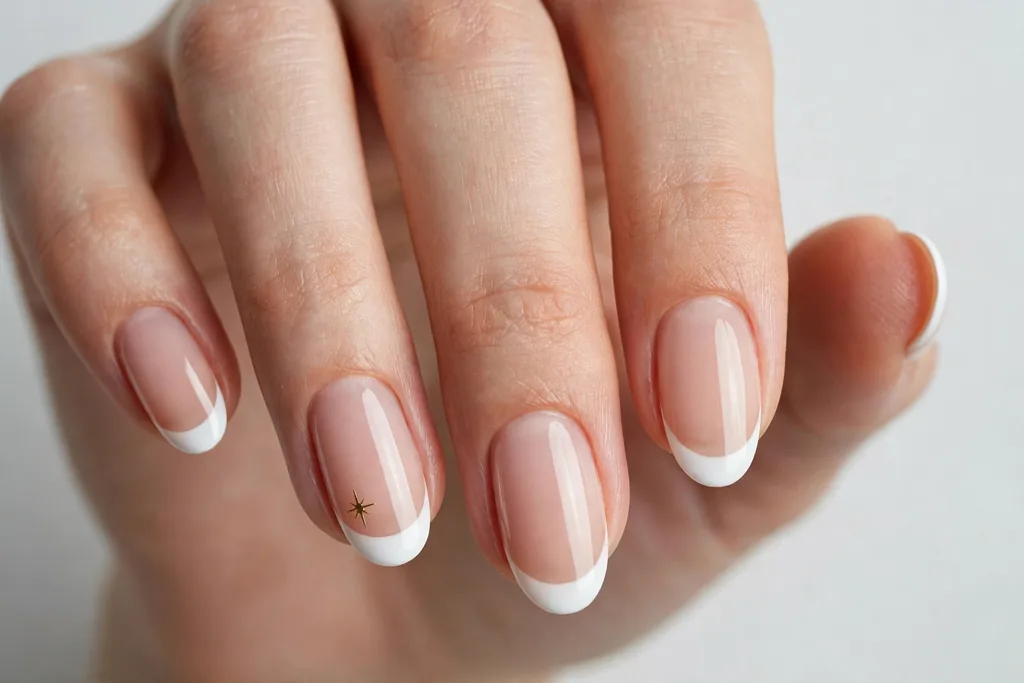 New Year's Day French tip nails with classic white tips and one tiny gold star on the ring finger accent nail, shown on medium almond nails with a sheer nude base.