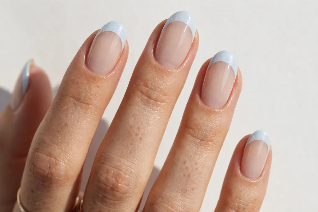 New Year's Day French tip nails with pale icy blue-white tips on a sheer nude base, shown on medium oval nails.