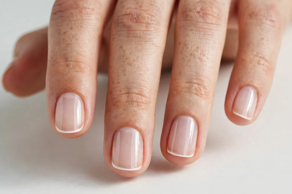 New Year's Day French tip nails with ultra-thin white micro tips on a clear sheer base, shown on short squoval nails.