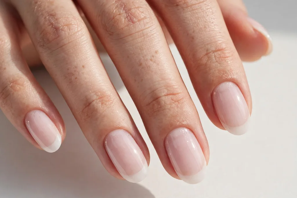 New Year's Day French tip nails with soft milky white tips on a milky pink base, shown on medium oval nails.