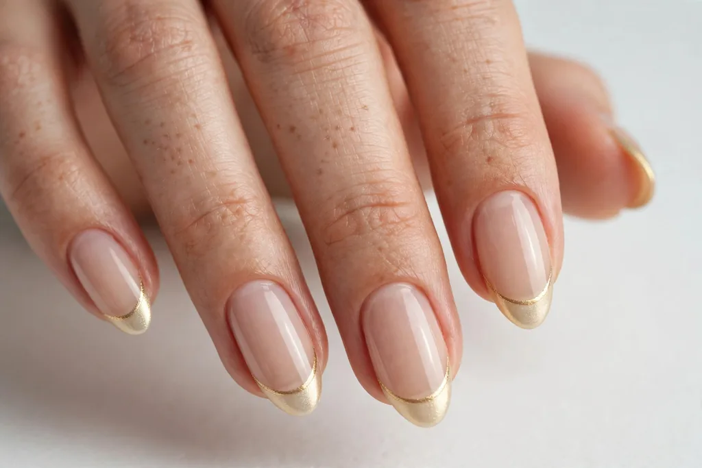 New Year's Day French tip nails with soft pale gold metallic tips on a sheer nude base, shown on medium almond nails.