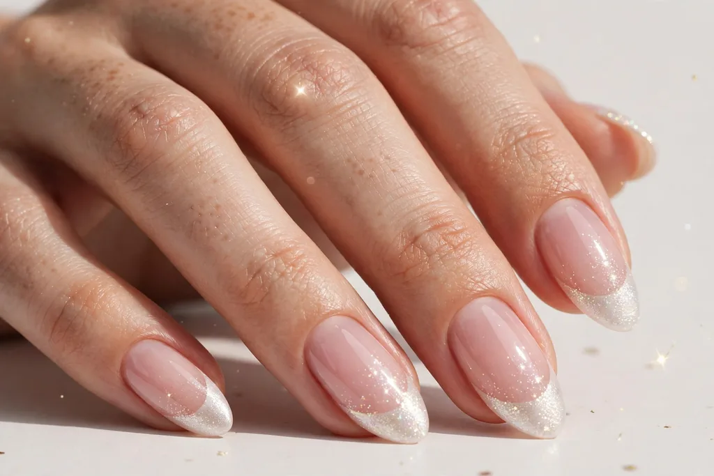New Year's Day French tip nails with pearl white shimmer tips on a sheer pink base, shown on medium almond nails.